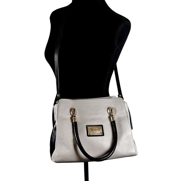 Valentina Italy Leather Satchel Handbag Grey Brown Top Handle Shoulder Bag - Picture 2 of 12